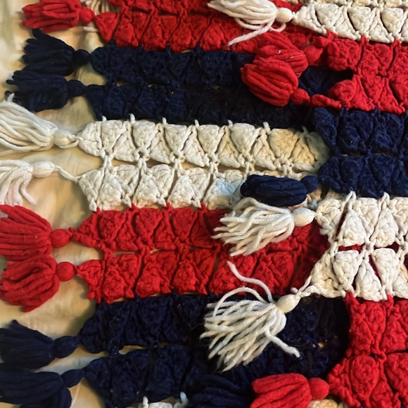 Handmade crocheted afghan red white and blue strips with tassels - Picture 7 of 10